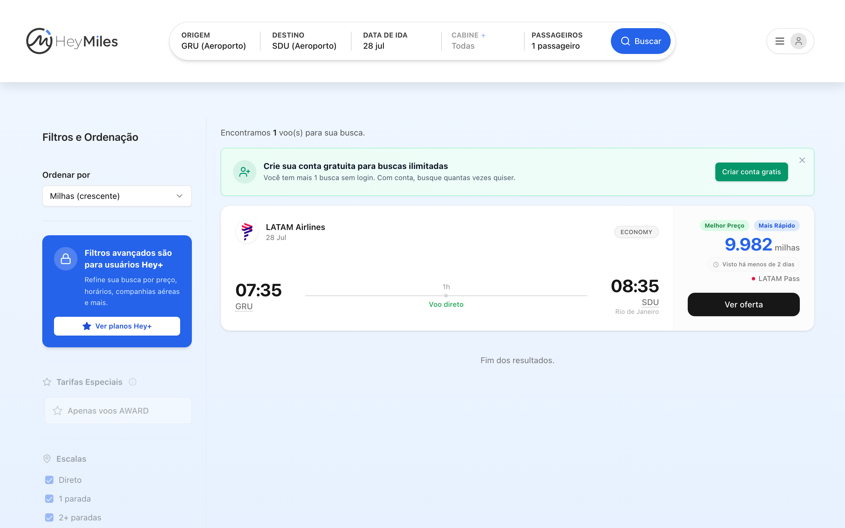 Flight search results